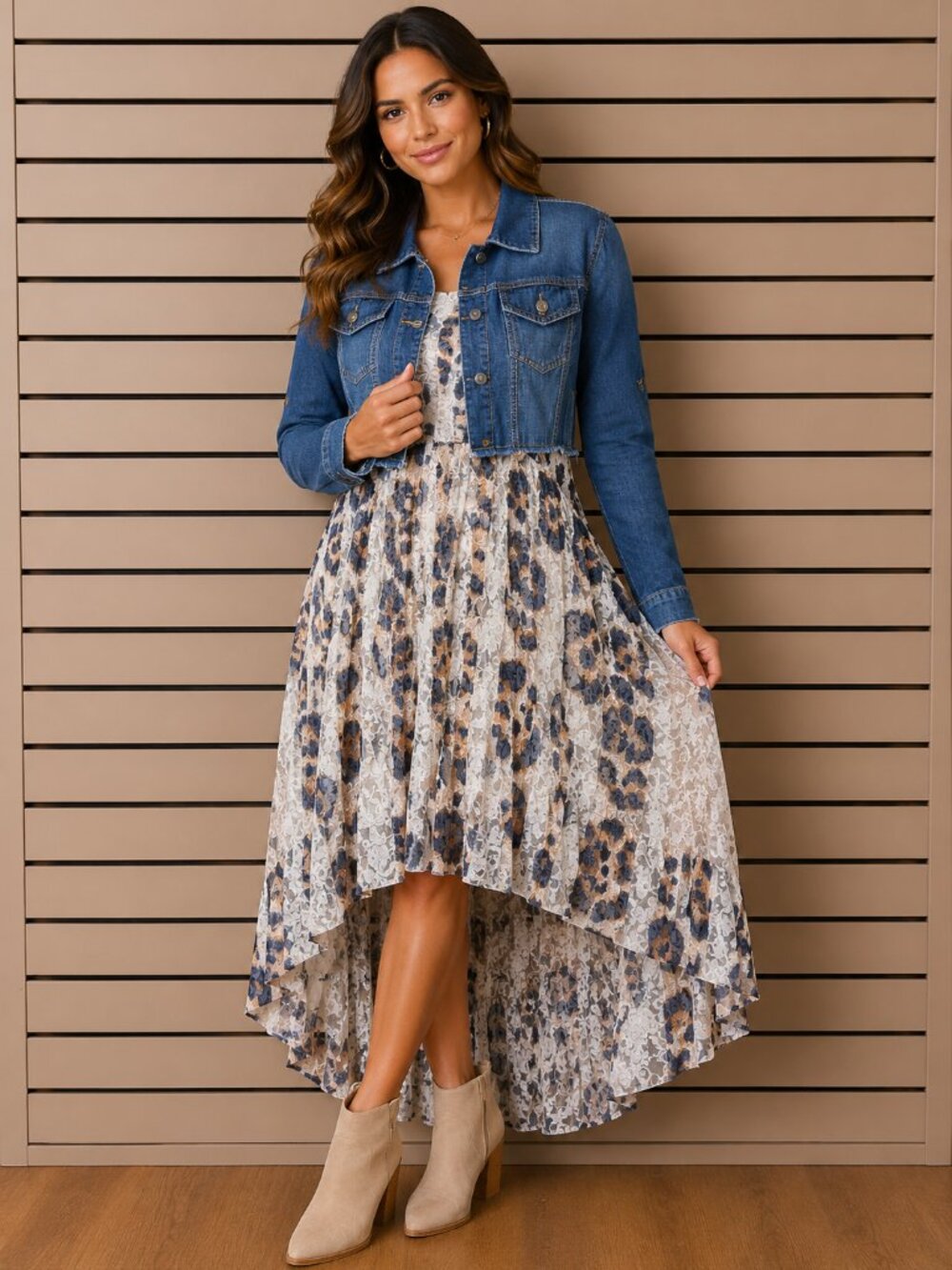 Origami Denim Lace Layer Jacket Cheetah Print